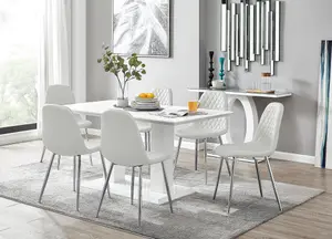 Imperia White High Gloss 6 Seater Dining Table with Structural 2 Plinth Column Legs 6 White Faux Leather Silver Leg Corona Chairs