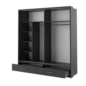 Lux V - Black Sliding Door Mirrored Wardrobe with Shelves And Drawers (H2150mm W2000mm D600mm)