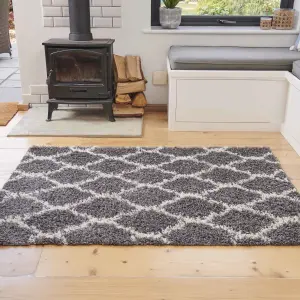 Grey Cream Trellis Scandi Shaggy Living Area Rug 60x110cm