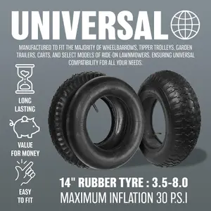 2 X Wheelbarrow Wheel Inner Tube And Barrow Tyre 3.50-8 Rubber Innertube 30psi