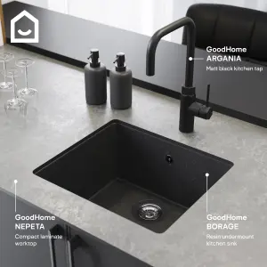 GoodHome Borage Black Resin 1 Bowl Kitchen sink 440mm x 500mm