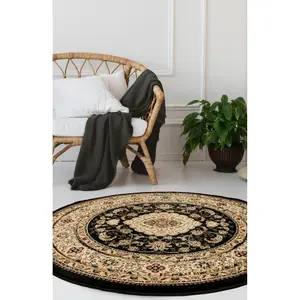 Melrose Classic Traditional Black Vintage Round Rug 133x133cm