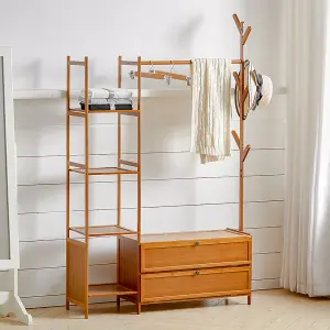 Bamboo Clothes Rail Clothing Hanging Stand Garment Rack with 2 Shoe Rack and 4 Shelves