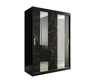 Elegant Black Geneva Sliding Door Wardrobe W1500mm H2000mm D620mm - Mirrored Doors, Gold Handles, Space-Saving Storage