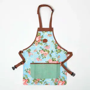 Homescapes Blue and Pink Gardening Apron with Floral Rose Design