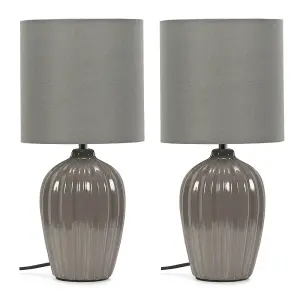 ValueLights Carbone Pair of Grey Fluted Ceramic Bedside Table Lamps with a Fabric Lampshade Bedroom Light