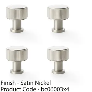 4 PACK - Round Reeded Door Knob - 29mm Diameter Satin Nickel Lined Cupboard Pull Handle