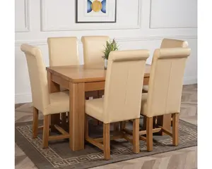 Dakota 127 x 82 cm Chunky Oak Small Dining Table and 6 Chairs Dining Set with Washington Ivory Leather Chairs