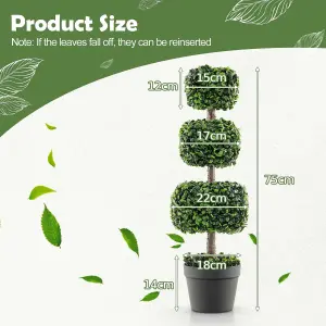 Costway 75CM Artificial Boxwood Topiary Tree Faux Triple Square Shaped Plant Plastic Pot