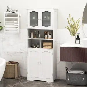 COSTWAY 148cm Tall Bathroom Cabinet Freestanding Storage Cabinet with Tempered Glass Doors