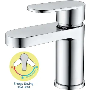 Chrome Compact Cold Eco Start Round Mono Basin Mixer Tap + Clicker Waste WRAS