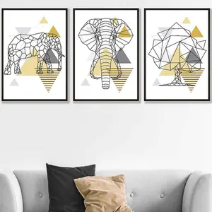 Set of 3 Geometric Line Art Yellow Elephant Tree Set Wall Art Prints / 50x70cm / Black Frame