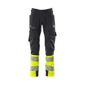 Mascot Accelerate Safe Ultimate Stretch Trousers with Thigh Pockets - Dark Navy/Hi-Vis Yellow   (42.5) (Leg Length - Regular)