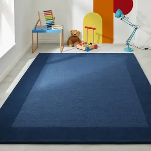 Handmade Luxurious Modern Bordered Blue Plain Easy to Clean Wool Rug for Living Room & Bedroom-160cm X 230cm