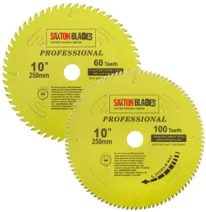 Saxton TCT250MXAPRO TCT Circular Saw Blade 250mm x 60 and 100 Teeth x 30mm Bore + 16, 20 and 25mm Reduction Rings Pack of 2