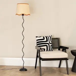 ValueLights Wiggle Black Metal Single Stem Floor Lamp with Linen Scallop Rust Trim Tapered Shade