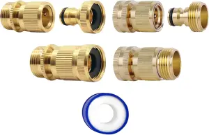 2 Pairs Garden Hose Quick Connect Set 3/4 Inch Solid Brass Hose Fitting w/ PTFE Tape Male,Female Adapters for Outdoor Tap and More