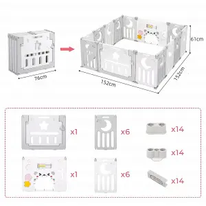 12+2 Panel Baby Foldable Playpen with Safety Gate 25 Sq.ft - Grey White