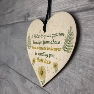 Red Ocean Robin Garden Memorial Grave Wooden Hanging Heart Sign Rememberance Plaque Inspirational Gift