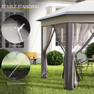 Outsunny 3x4m Hexagon Gazebo w/ Metal Frame Mesh Curtains Outdoor Garden, Beige