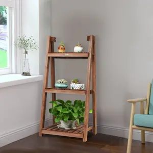 Costway 3-Tier Folding Flower Stand Rack Wooden Flower Pot Shelf Portable Plant Stand Organizer Staircase Display Shelves