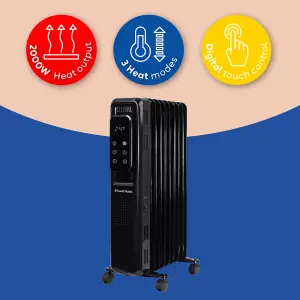 Russell Hobbs Electric Heater 2000W Black Digital 9 Fin Oil Filled Radiator with Remote & 2 Year Guarantee RHOFR2009B-D