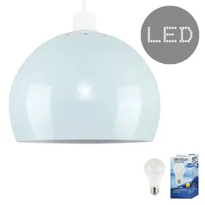 ValueLights Arco Blue Dome Ceiling Pendant Shade and E27 GLS LED 10W Warm White 3000K Bulb