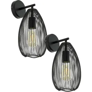 2 PACK LED Wall Light / Sconce Black Steel Wire Cage Shade 1x 60W E27 Bulb