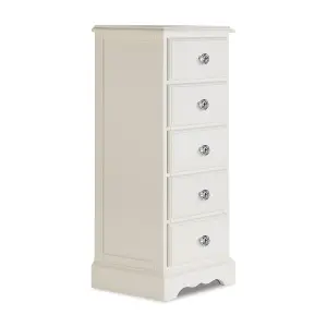 Romance Antique White 5 Drawer Tallboy with Crystal Handles