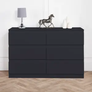 6 Chest Of Drawer BLACK Wide Chest of Wooden Drawers