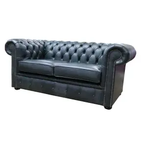 Chesterfield Handmade 2 Seater Sofa Settee Cracked Wax Black Real Leather In Stock