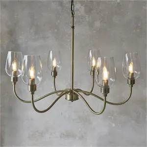 Multi Arm Hanging Ceiling Pendant Light - Antique Brass Plate & Clear Glass Shade - 6 x 6W LED E14