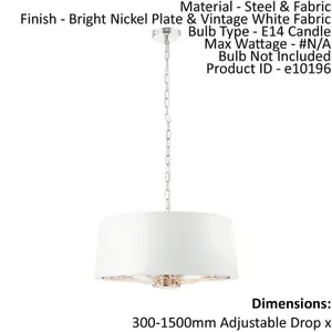 Ceiling Pendant Light Bright Nickel & Vintage White Fabric 3x 40W E14 e10196