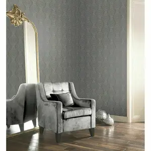 Calico Dots Charcoal Grey Rose Gold Metallic Embossed Textured Vinyl Wallpaper