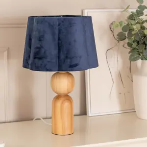 ValueLights Azalea Rustic Wooden Table Lamp with Navy Blue Velvet Scallop Shade and LED Bulb