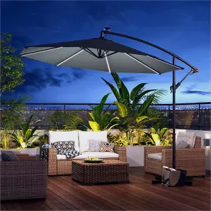 3M Garden Sun Shade Cantilever Parasol Patio Hanging Banana Umbrella Crank Tilt with Solar Lights, Dark Grey