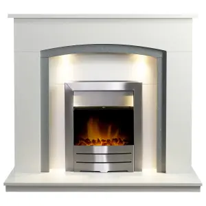 Adam Savanna Fireplace in Pure White & Grey with Downlights & Colorado Electric Fire in Brushed steel, 48 Inch