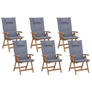 Set of 6 Garden Chairs with Cushions JAVA Acacia Wood Blue