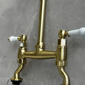 Liquida W23BG Traditional Two Hole Bridge Lever Brushed Gold Kitchen Mixer Tap