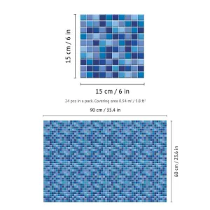 Walplus Classic Blue Mini Mosaic Wall Tile Sticker Set - 15cm (6inch) - 24pcs One Pack