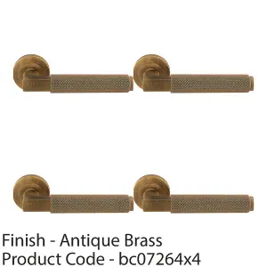 4 PACK - Premium Knurled Door Handle Set - Antique Brass Angled Lever on Round Rose