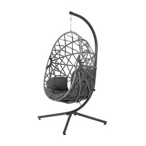 Dark Grey Foldable Single Rattan Egg Chair Swing Chair Hanging Basket with Metal Bracket and Seat Cushion