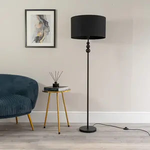 ValueLights Marissa Matt Black Stacked Ball Floor Lamp with Black Drum Shade