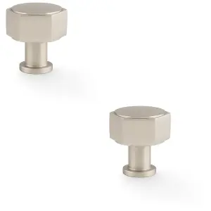 2 PACK - Industrial Hex Cabinet Door Knob - 33mm Satin Nickel Cupboard Pull Handle