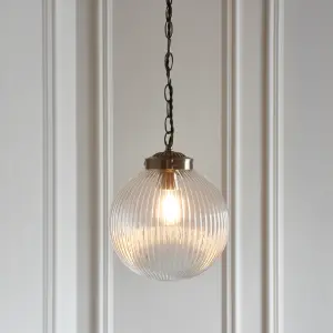 Anson Lighting Boston Pendant light finished in Antique brass plate and clear ribbed glass