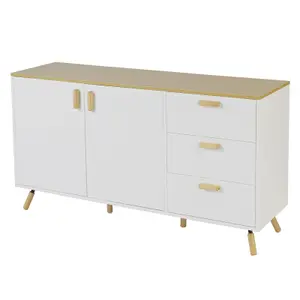 140 x 40 x 78cm Multi-Use Storage Cabinet with Solid Wood Top Double Doors and 3 Drawers in White