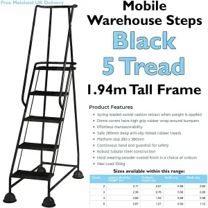 5 Tread Mobile Warehouse Steps BLACK 1.94m Portable Safety Ladder & Wheels