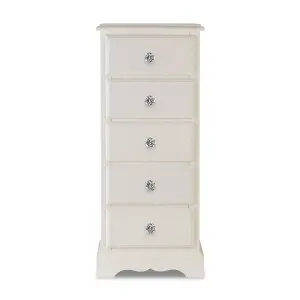 Romance Antique White 5 Drawer Tallboy with Crystal Handles