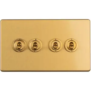 4 Gang Quad Retro Toggle Light Switch SCREWLESS SATIN BRASS 10A 2 Way Lever