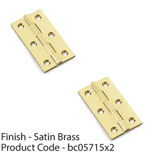 2 PACK - PAIR Solid Brass Cabinet Butt Hinge - 64mm - Satin Brass Premium Cupboard Fixing